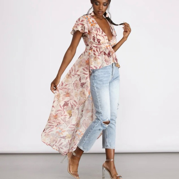 Windsor V Neck Sheer Floral Chiffon High Low Short Sleeve Top Maxi Train Size S - Picture 7 of 7